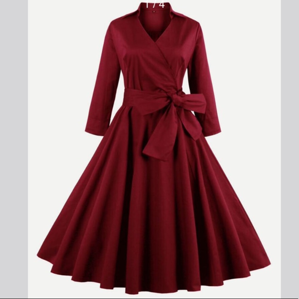 Red long sleeve a line dress w/ criss cross front